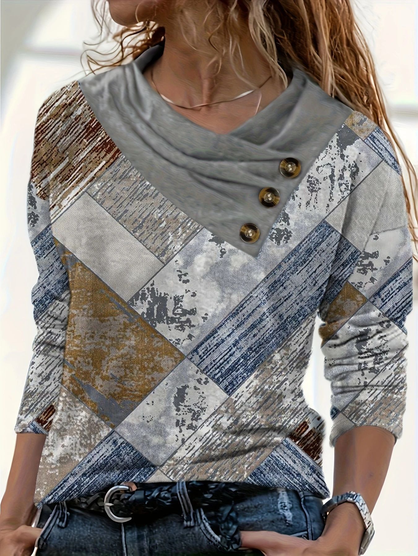 European and American Foreign Trade Button Top Spring and Autumn Cross-border Square Printed V-neck Loose Casual Long-sleeved Elegant Women's T-shirt