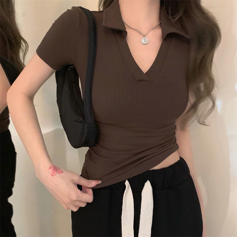 Sexy Spice Girl Slim-fit V-neck Short-sleeved Women's Summer Solid Color Polo Shirt Slim-fit Threaded Knitted Base Lass T-shirt Top