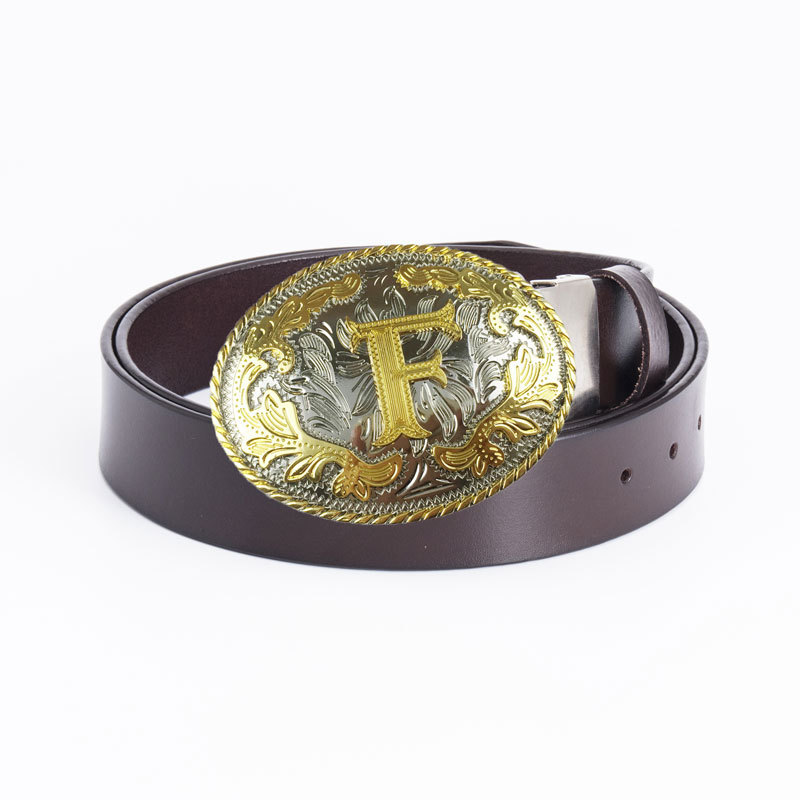 Picture of Golden men's belt whole two-layer cowhide fashion retro perforated belt buckle 3.8cm wide cross-border e-commerce