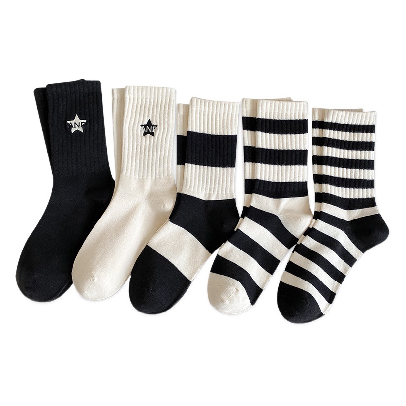 Black and White Striped Socks Women's Mid-length Socks Korean Style Autumn and Winter Ins Trendy Academic Style New Breathable Deodorant Cotton Socks
