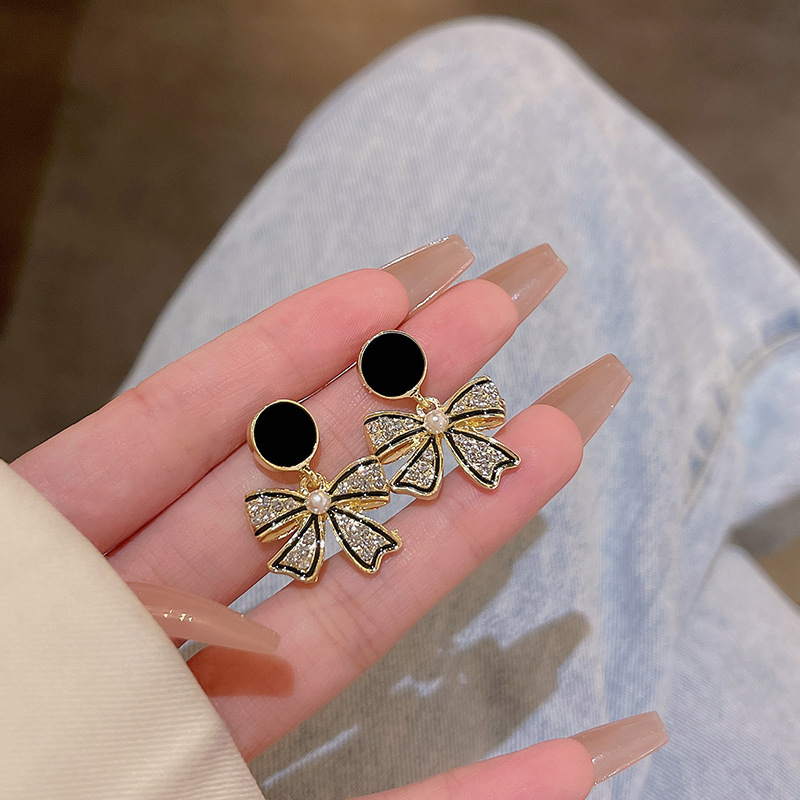 s925 Silver Needle Black Bow Ear Studs Female Niche Design Superior Earrings 2023 New French Earrings