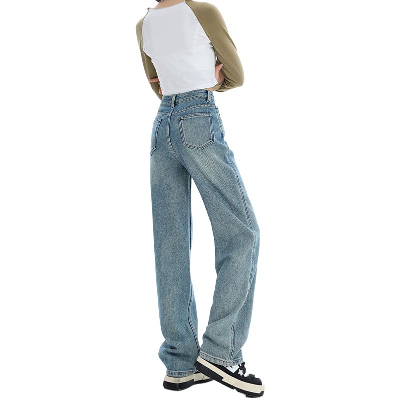 Fleece-lined jeans women's thick loose straight high waist warm narrow version small meat covering light color wide leg long pants