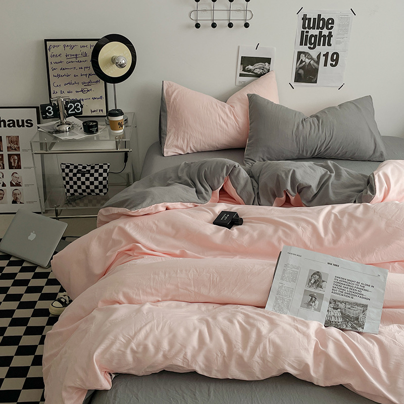 Picture of Four-piece bed set A can sleep naked wash cotton quilt cover solid color bed sheets student dormitory three-piece bed hat wholesale 4