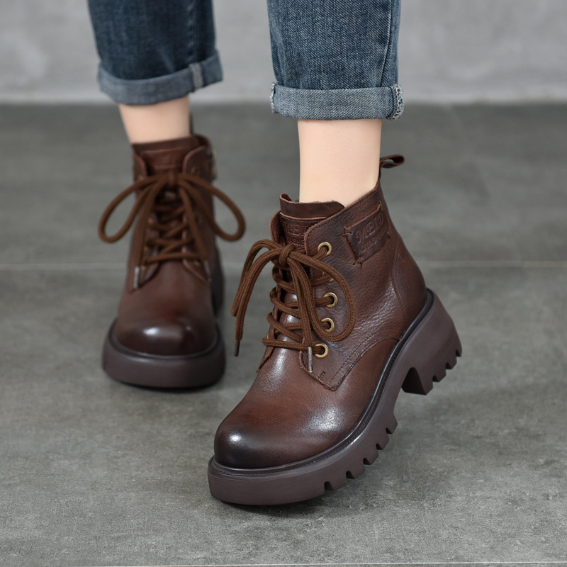 First-Layer Cowhide Lace-Up Boots for Women Genuine Leather Thick-Soled Boots for Autumn and Winter Small Low-Cut Short Boots for Women