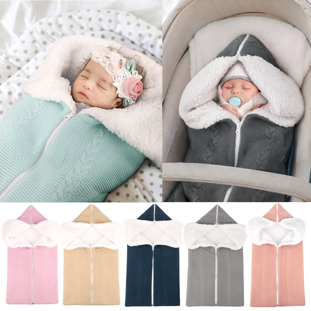 Picture of Hot Selling New Wool Knitted Plus Velvet Baby Sleeping Bag Baby Blanket Stroller Zipper Sleeping Bag Blanket Two-In-One