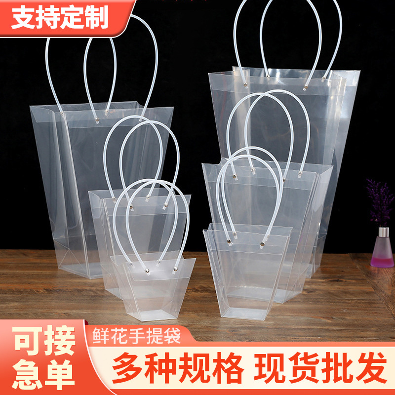 Trapezoidal Pp Transparent Flower Handbag Internet Celebrity Handbag Bouquet Gift Packaging Bag Chinese Valentine's Day Holiday Flower Shop Handbag
