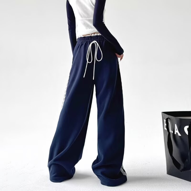 2025 New Casual Korean Style Lace Stitching Black Sweat Pants Women's Autumn New American Style Retro High Waist Trendy
