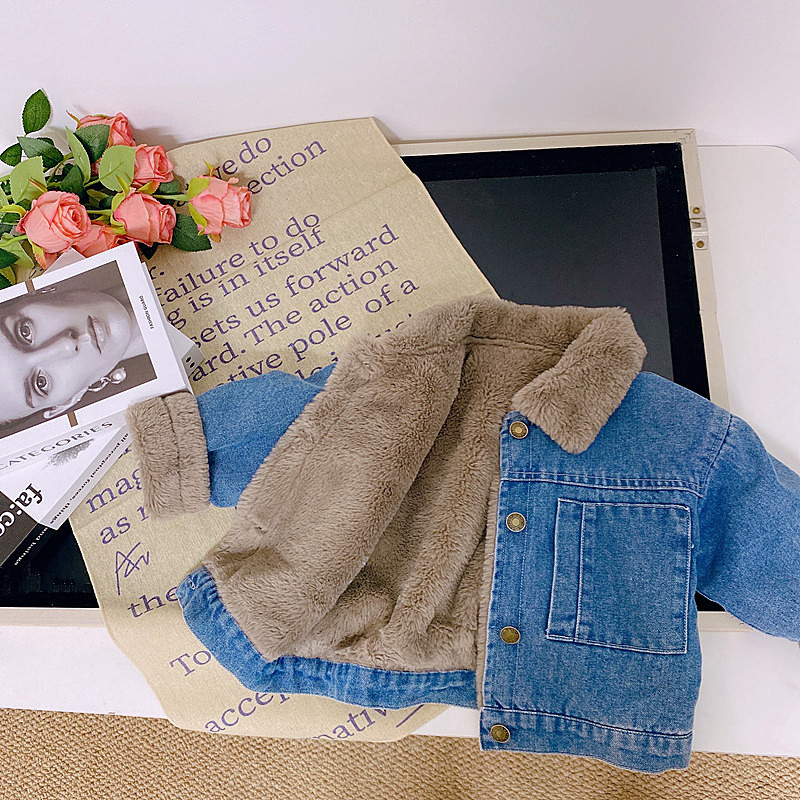 Children's Denim coat autumn and winter Korean style boys and girls neutral children's rabbit velvet Denim thickened Denim coat