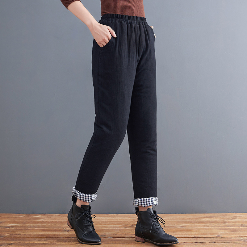 2024 winter new cotton and linen outerwear all-match slim slim pants women's elastic waist solid color padded warm cotton pants