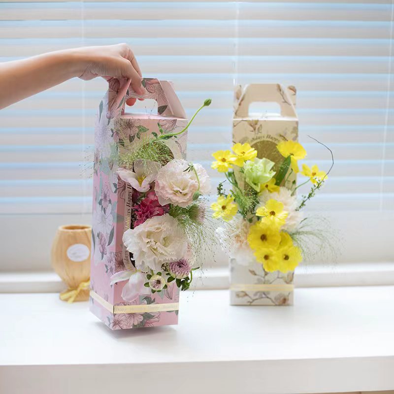 Bouquet Packaging Afternoon Garden Portable Flower Box Rectangular Folding Floral Small Flower Basket Wholesale Retro Style Flower Box