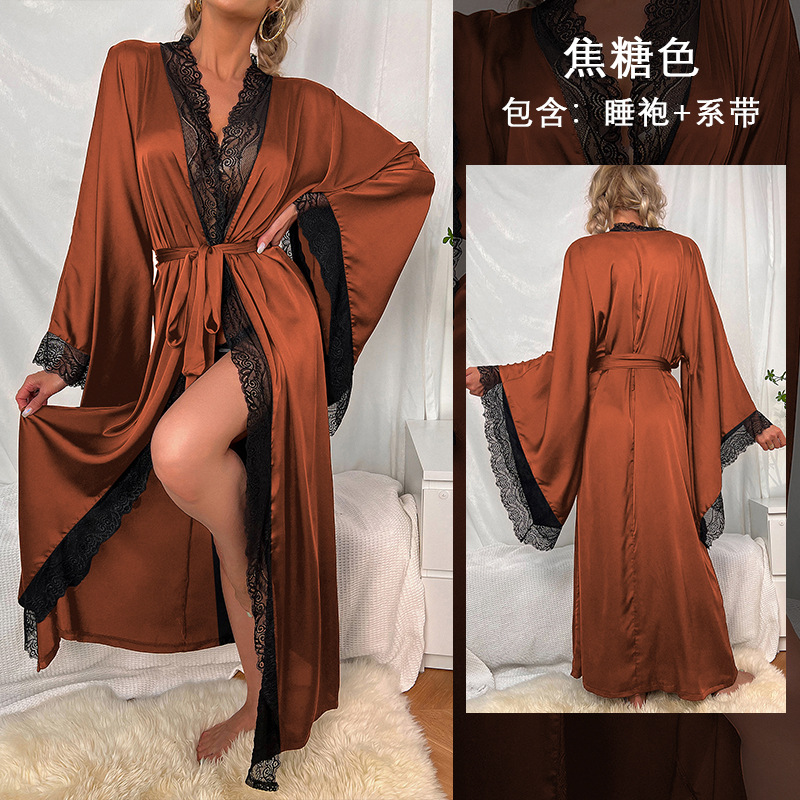 Picture of Fei Yun cross-border new satin pajamas women lace light luxury long sleeved cool feeling nightgown bathrobe home 336