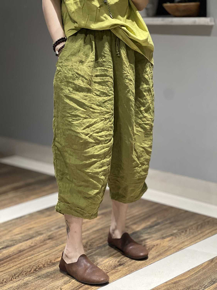 2025 New Summer Pure Color High-Waisted Cotton and Linen Flesh-Covering Cropped Pants, Loose, Casual and Versatile, Large Size Harem Pants for Women