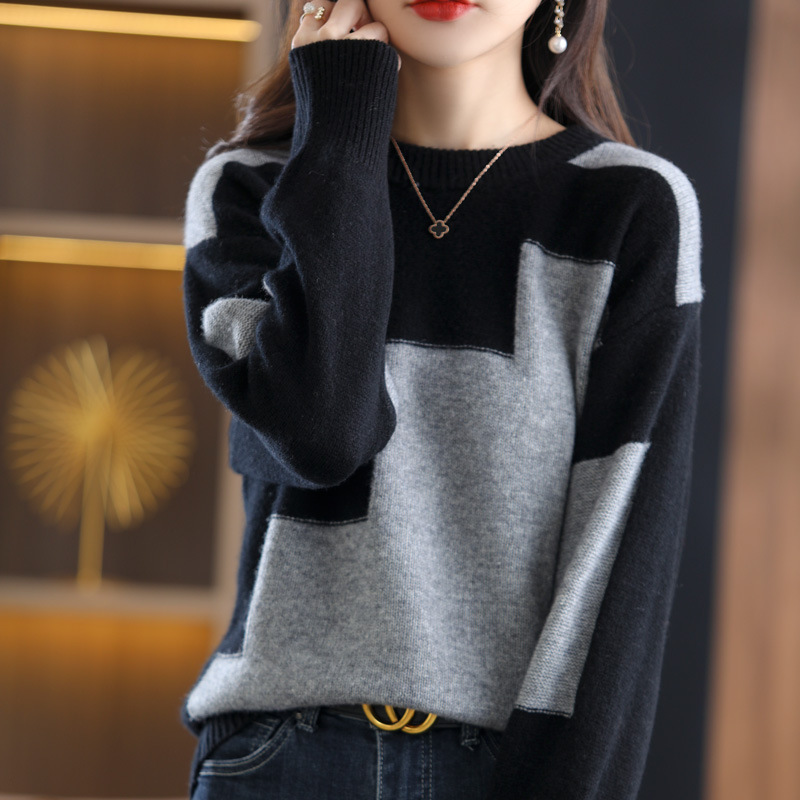Autumn and Winter Clothes Women's Color-block Knitted Sweater Long-sleeved Top Loose Korean-style Base Color-block Lazy-style Sweater for Women