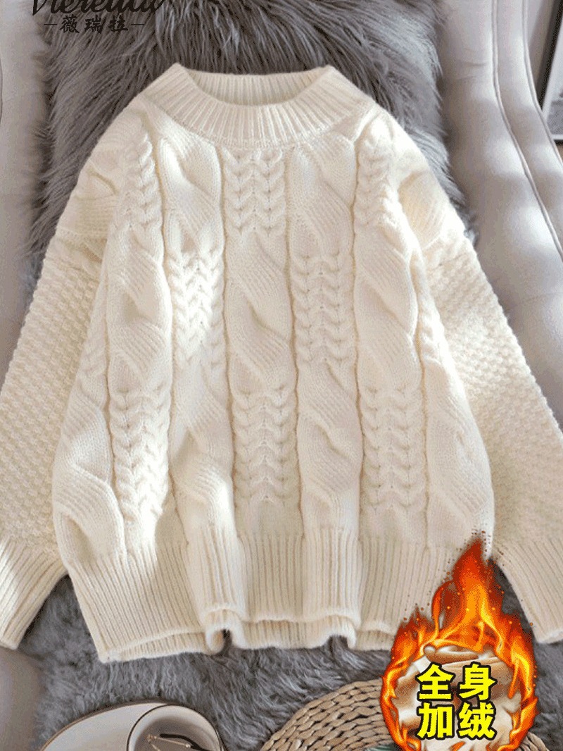 Sweater women's pullover outer wear fleece-lined thickened autumn and winter New loose lazy style twist top bottoming sweater