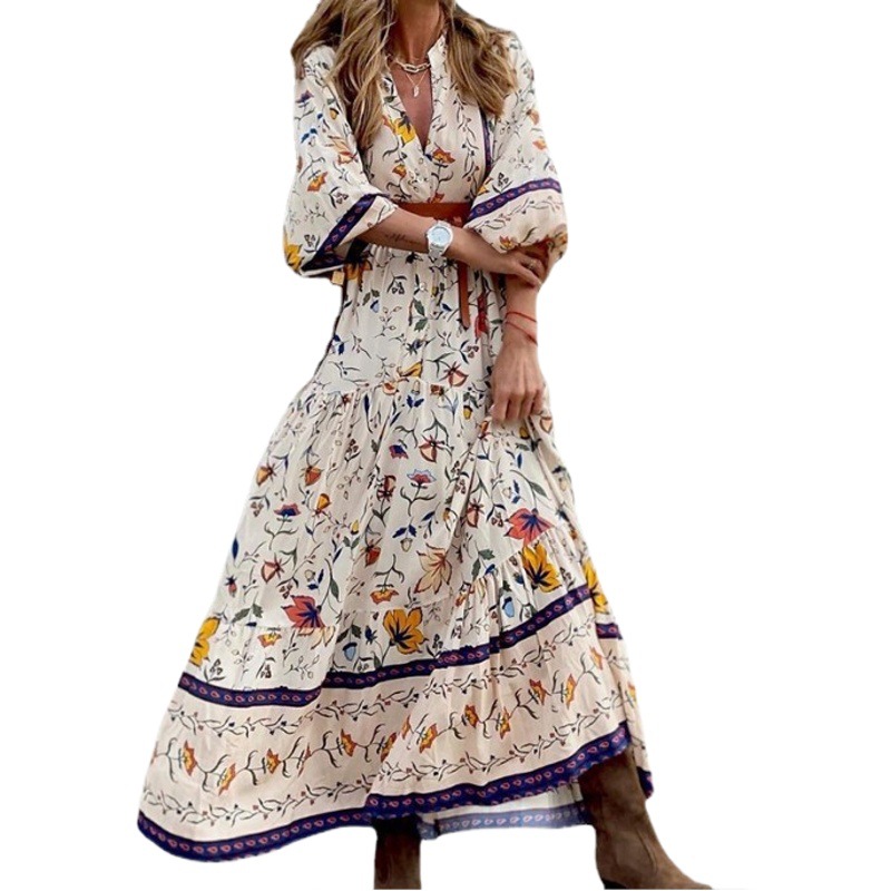 Amazon Spot Fashion Foreign Trade Women's Clothing 2024 Autumn and Winter Fashion Printed Bohemian Long Dress