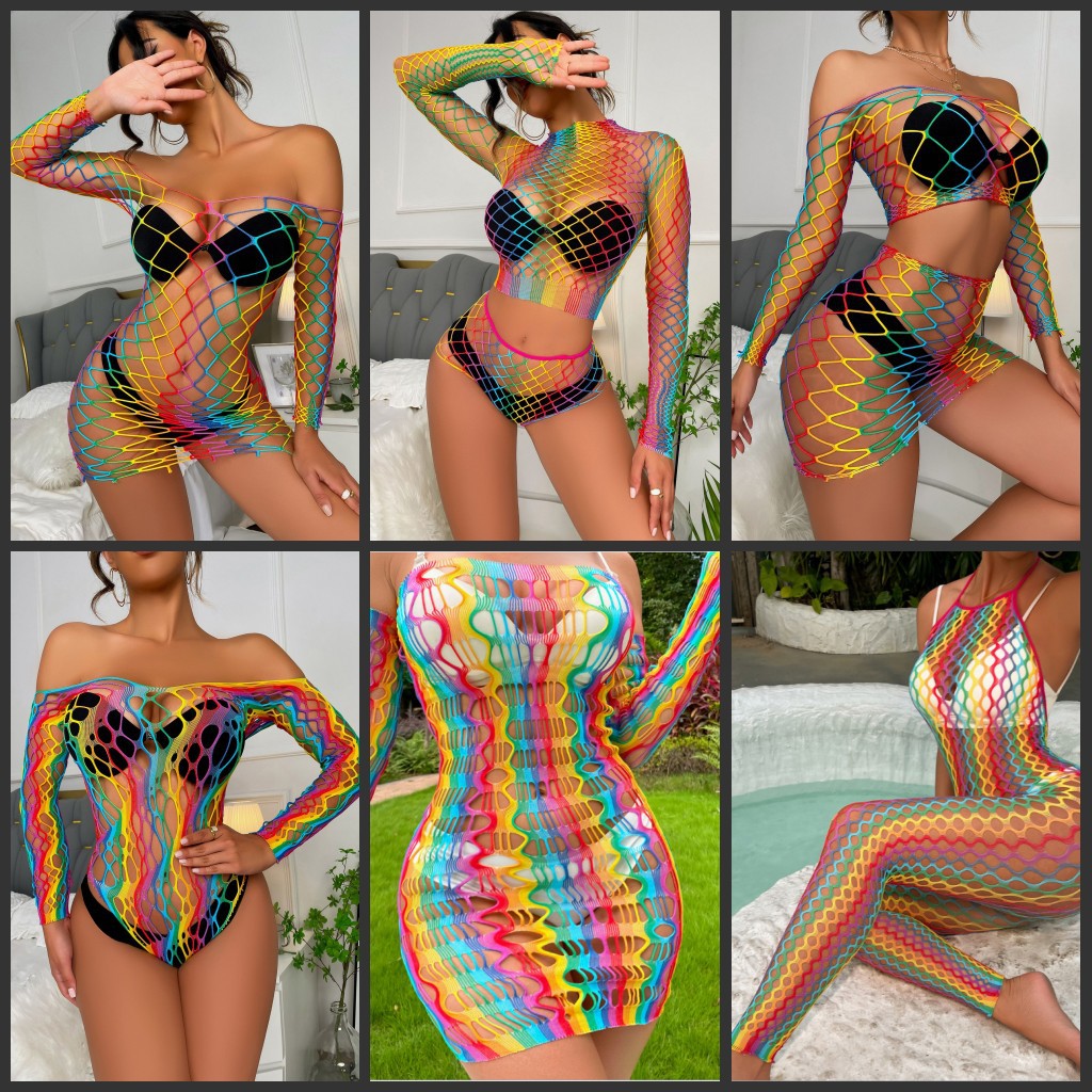 Amazon Hot Sexy Nets suit Cross-border Color Rainbow New Women's Perspective