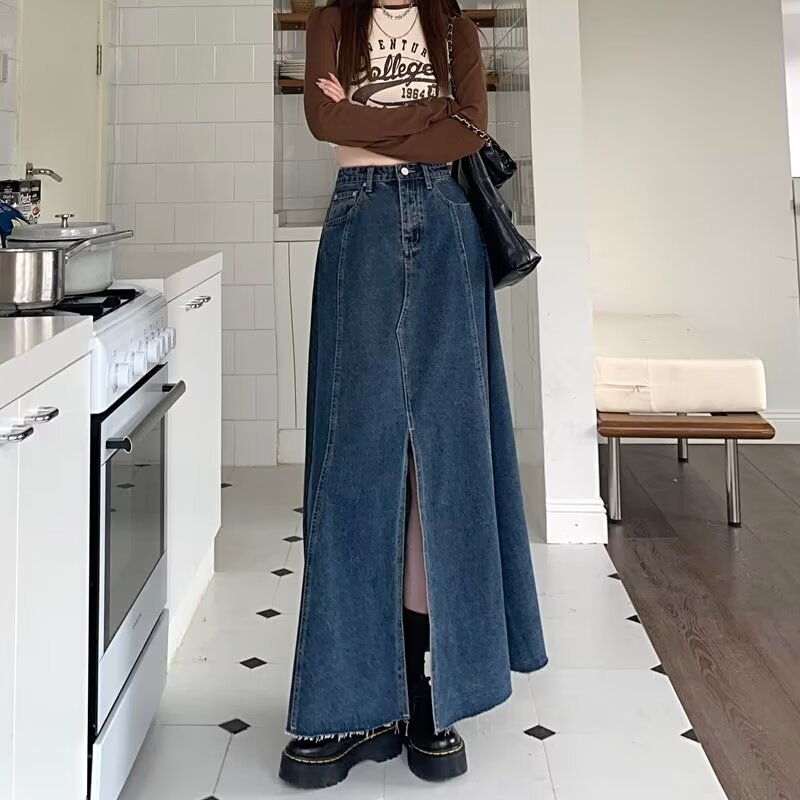 dark blue Denim Skirt Women's Summer New 2024 Niche Design High Waist Slimming Split Long Skirt