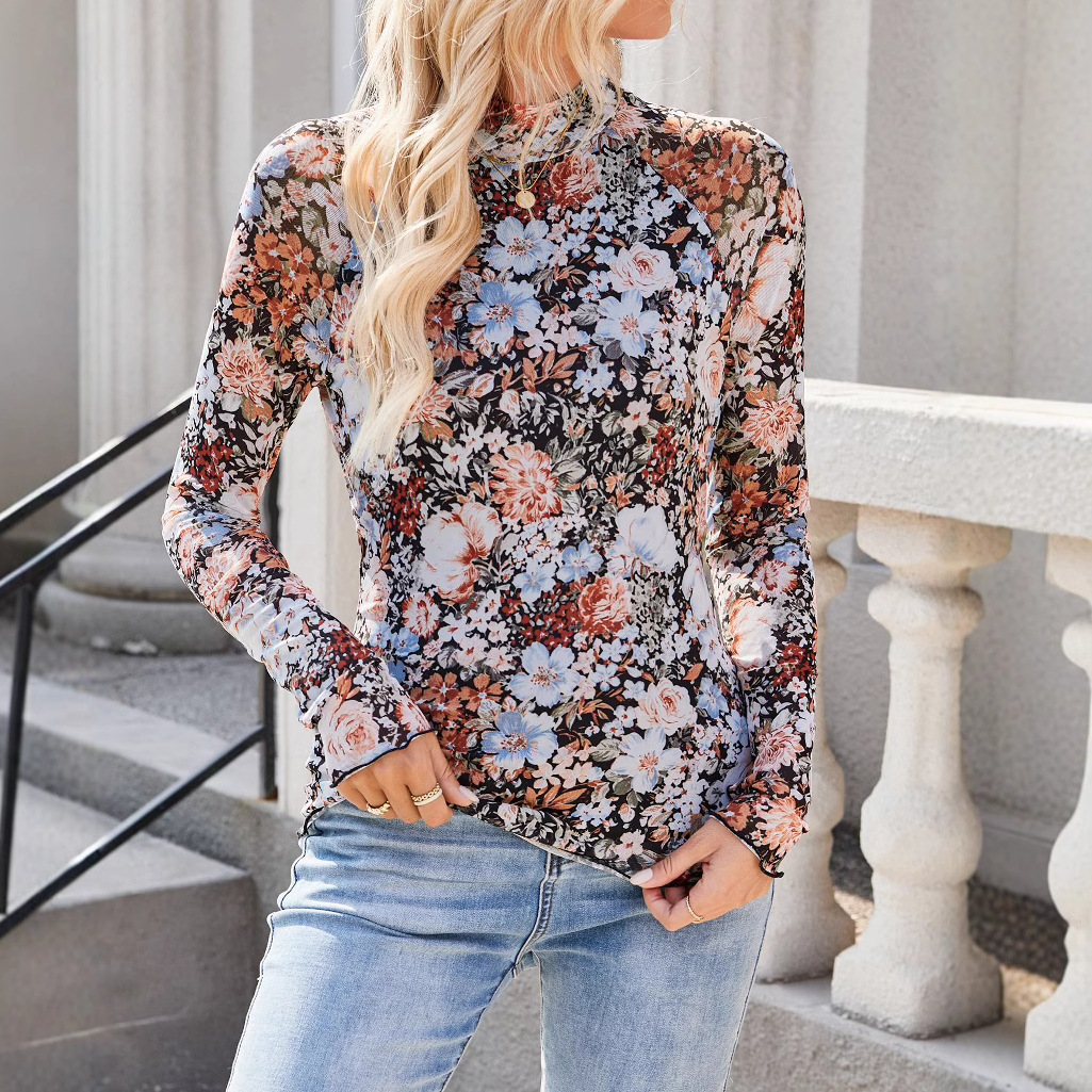 Picture of Cross-border European and American Amazon TK2025 Explosions Turtleneck Long Sleeve Lace Flower Mesh Base Shirt T-shirt for Women
