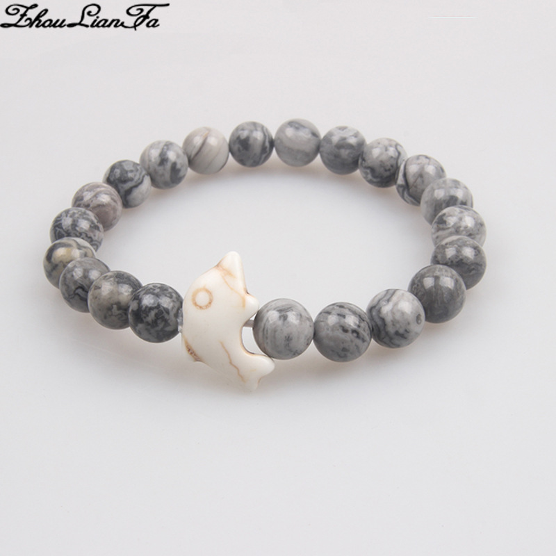 Zhou Lianfa Cross-border Wholesale New Green Turquoise Dolphin Volcanic Stone White Turquoise Stretch Bracelet Jewelry for Men and Women