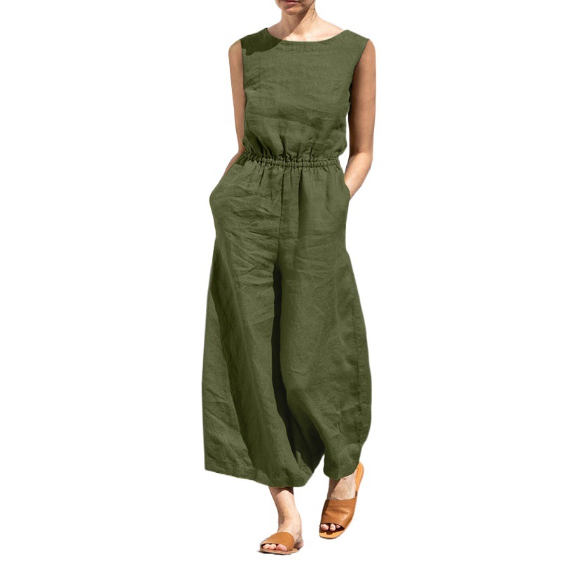 2025 Cross-Border European and American Summer Solid Color High-Waisted Sleeveless Long Pants Women's Casual Loose Jumpsuit European and American Style