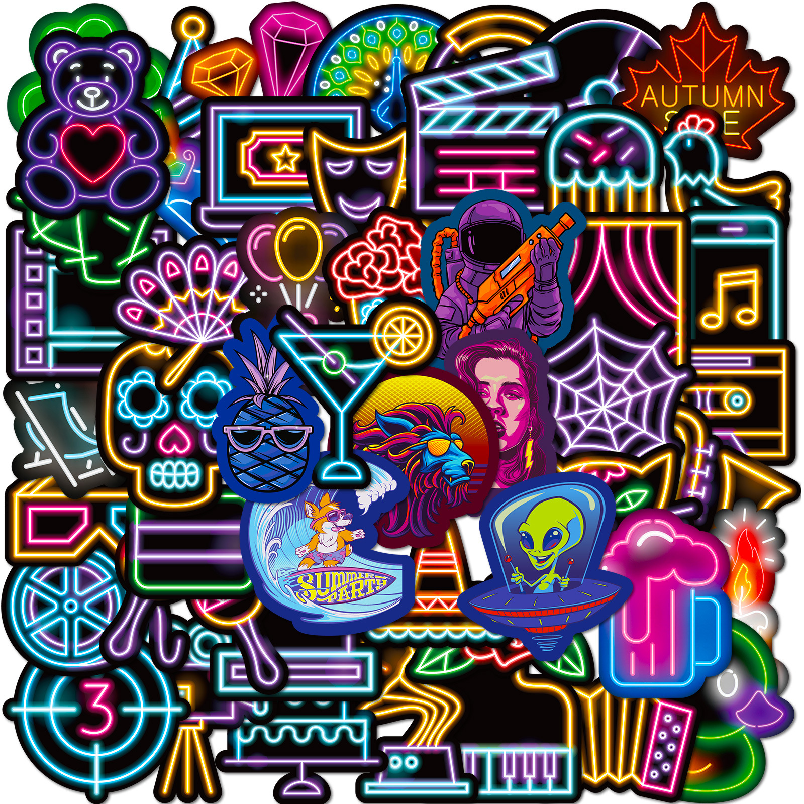 Picture of 50 pieces cross-border night neon stickers personalized cartoon notebook skateboard fluorescent Christmas neon stickers