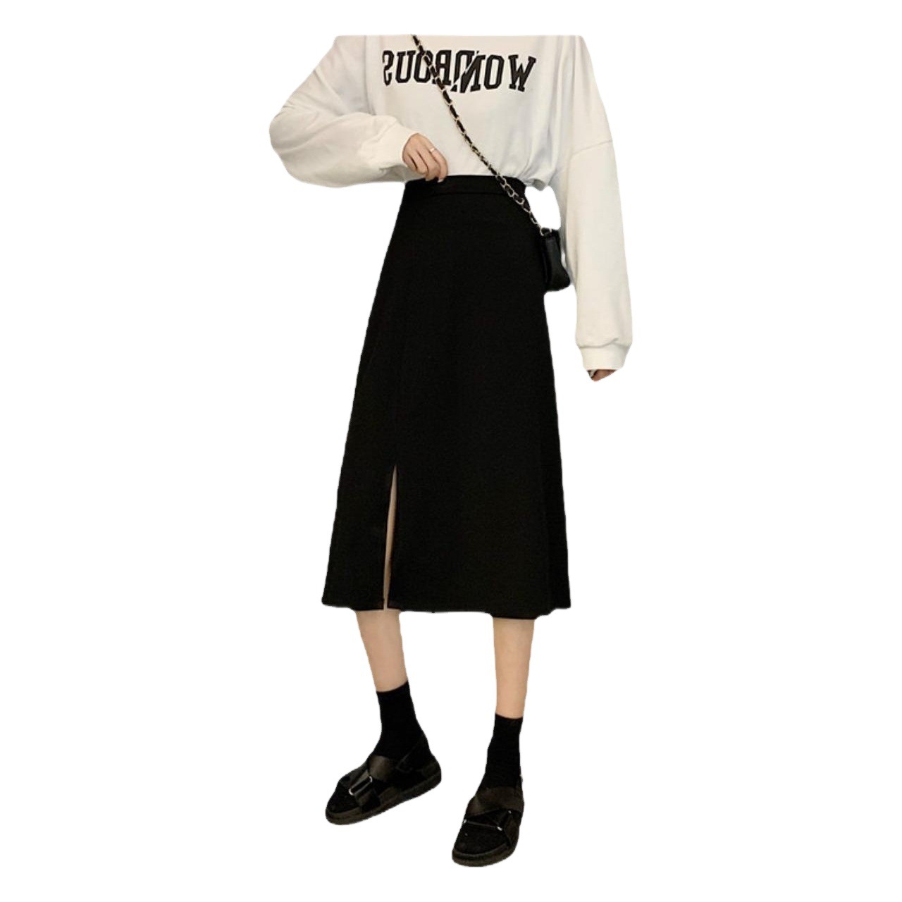 Autumn 2023 French Hepburn style black A- line skirt high waist slimming draping side slit midi skirt