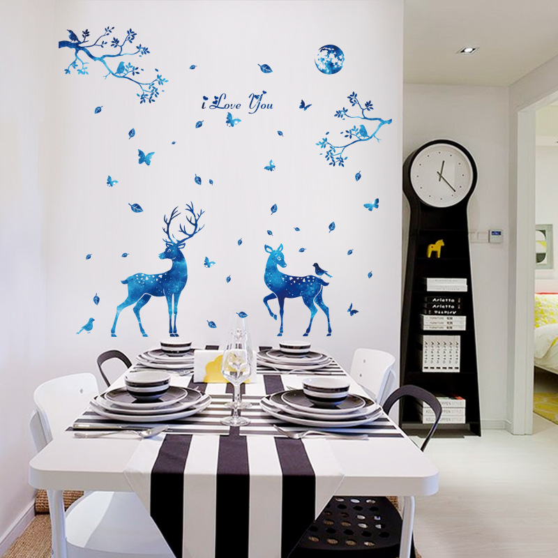 Wall stickers removable blue star deer bedroom personalized creative stickers plum blossom deer room decoration stickers nude