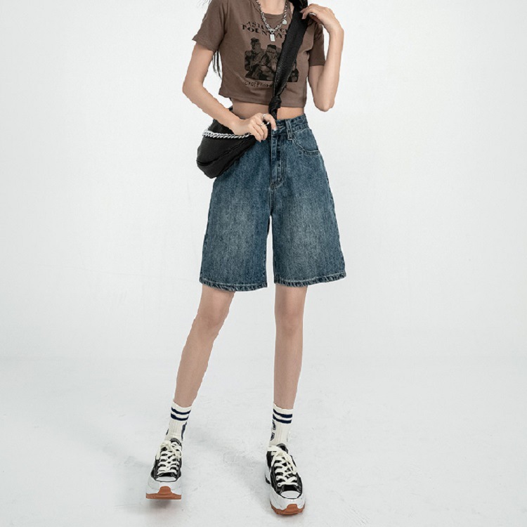 Picture of High waist Denim shorts women's 2022 new summer thin straight cropped pants loose slimming wide leg cropped pants