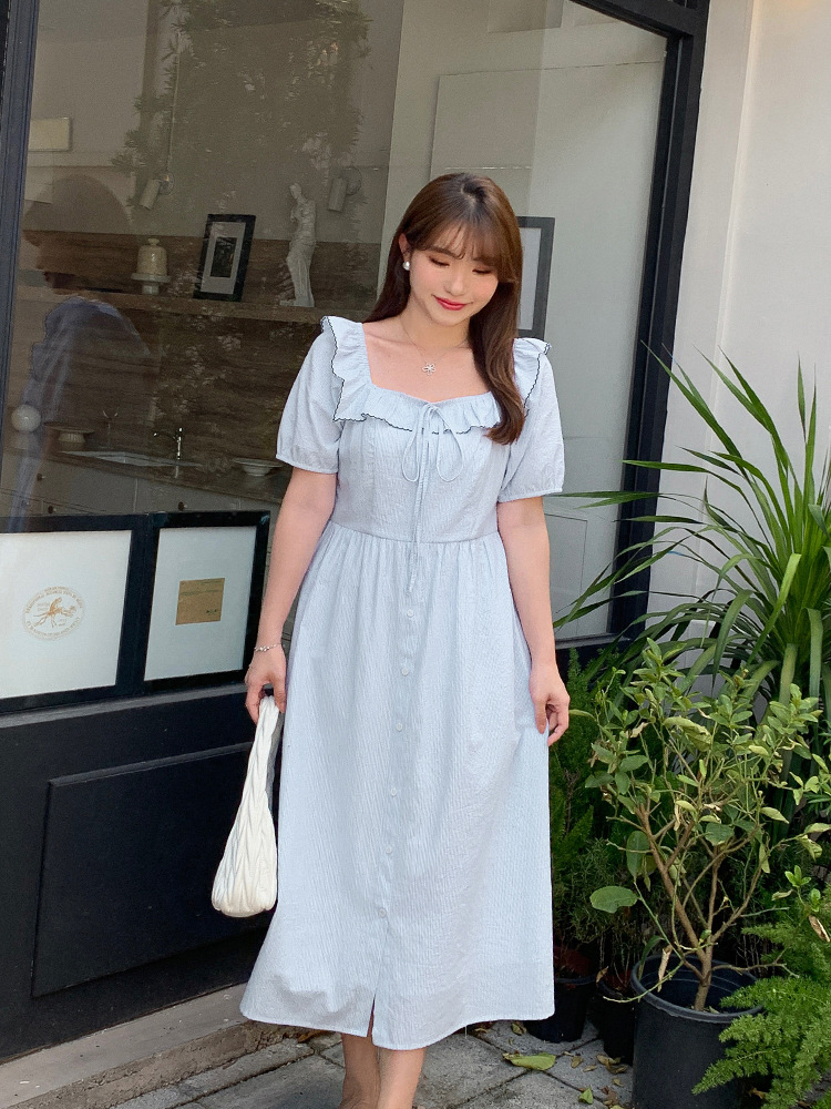 Picture of Tea Break French Dress Women's Summer Chubby Girl Plus Size Fungus Lace Square Collar Blue Striped Slim Look Skirt 63019