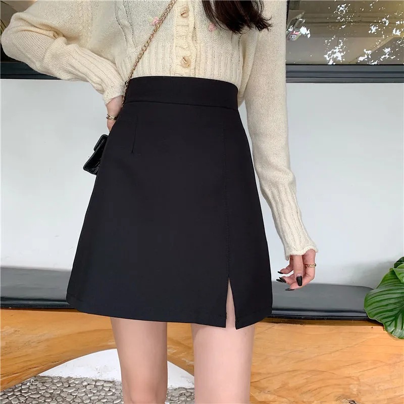 Summer new high waist split skirt versatile solid color A- line skirt slim-fit anti-exposure short skirt black hip skirt