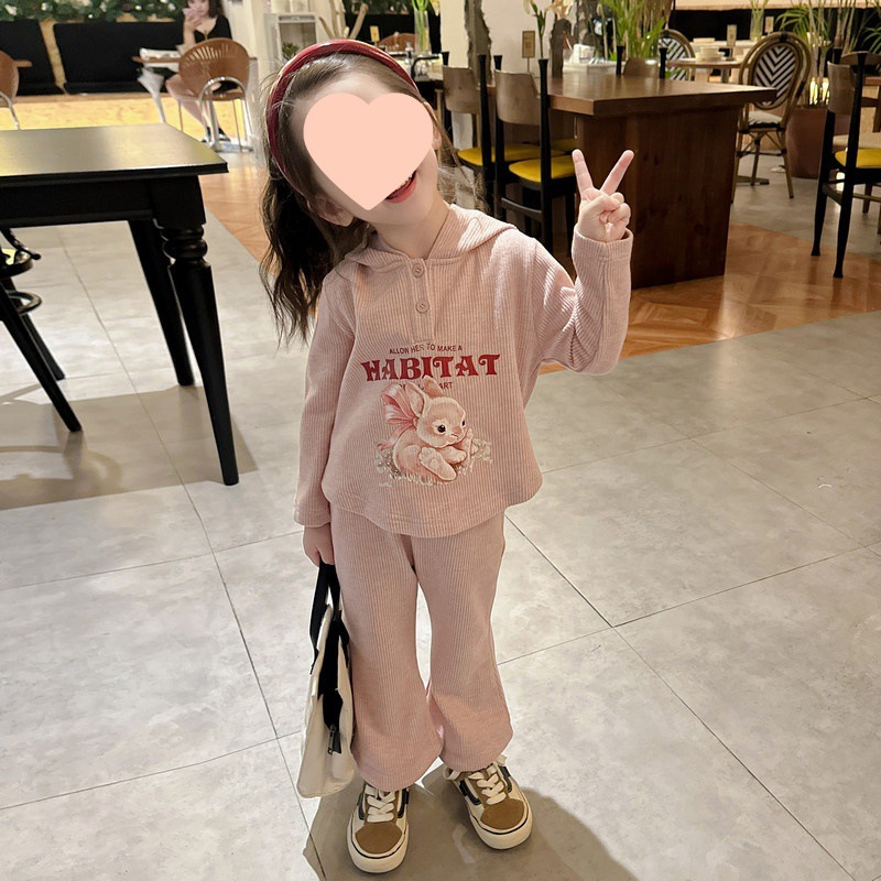 Girls' Korean-style Casual suit Children's Spring and Autumn New Western-style Cartoon Hooded Long-sleeved Fashionable Trousers Two-piece Set