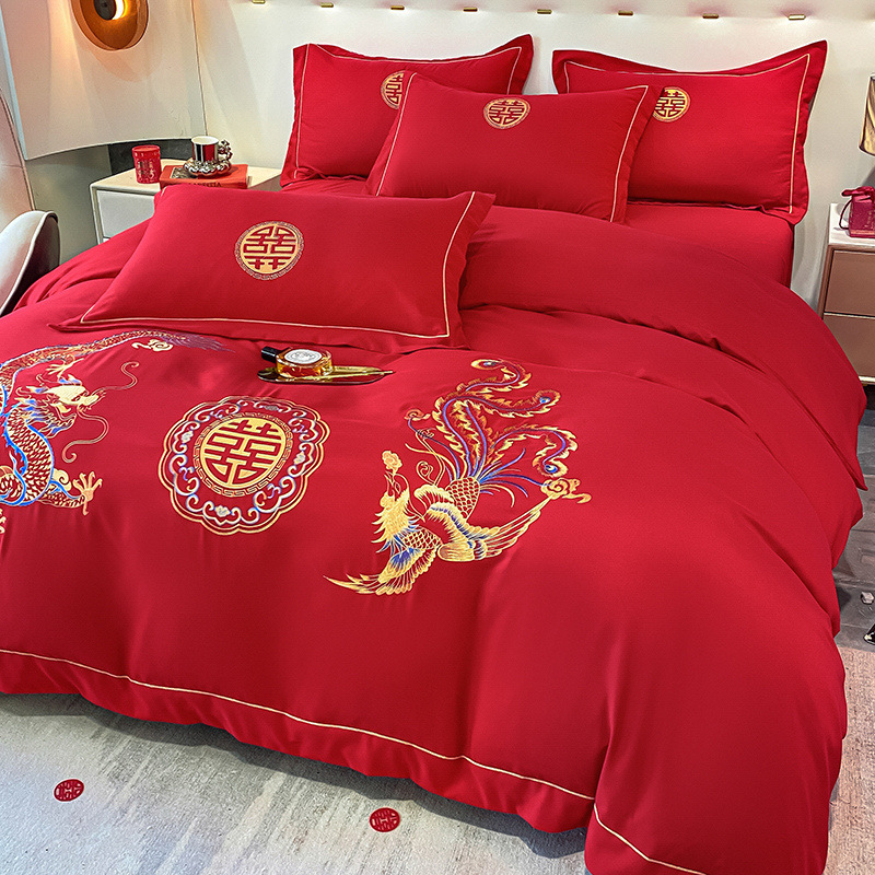 Picture of Wedding washed cotton festive four-piece set Chinese bright red bed sheet high-end embroidered quilt cover wedding room bedding