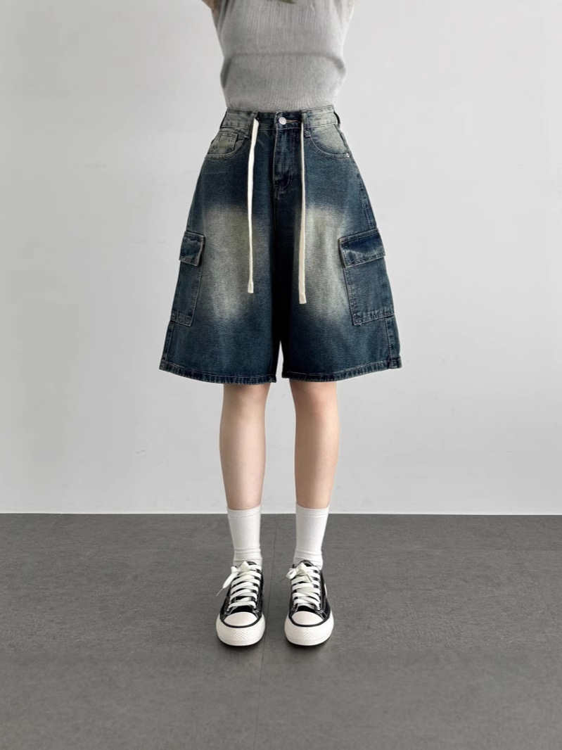 Large Pocket Japanese Cock Pants Loose All-match Washed Denim Shorts