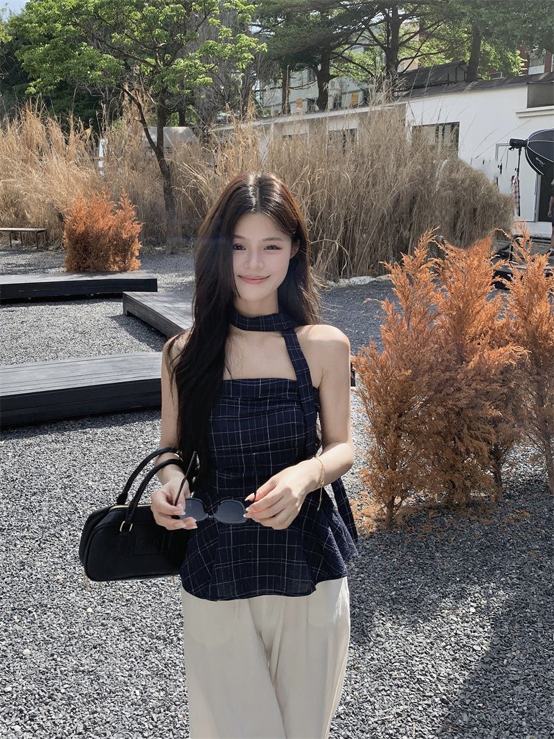 Picture of Retro Hot Girl Chic Plaid Tube Top Women's 2025 Summer Waist Lace Sexy Off-Shoulder Top