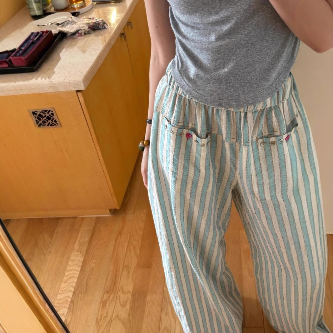 Picture of Autumn and Summer Thin Striped Pants for Women, Cotton and Linen 2025 New Style Petite Casual Straight Pants, Loose Linen Wide-Leg Pants