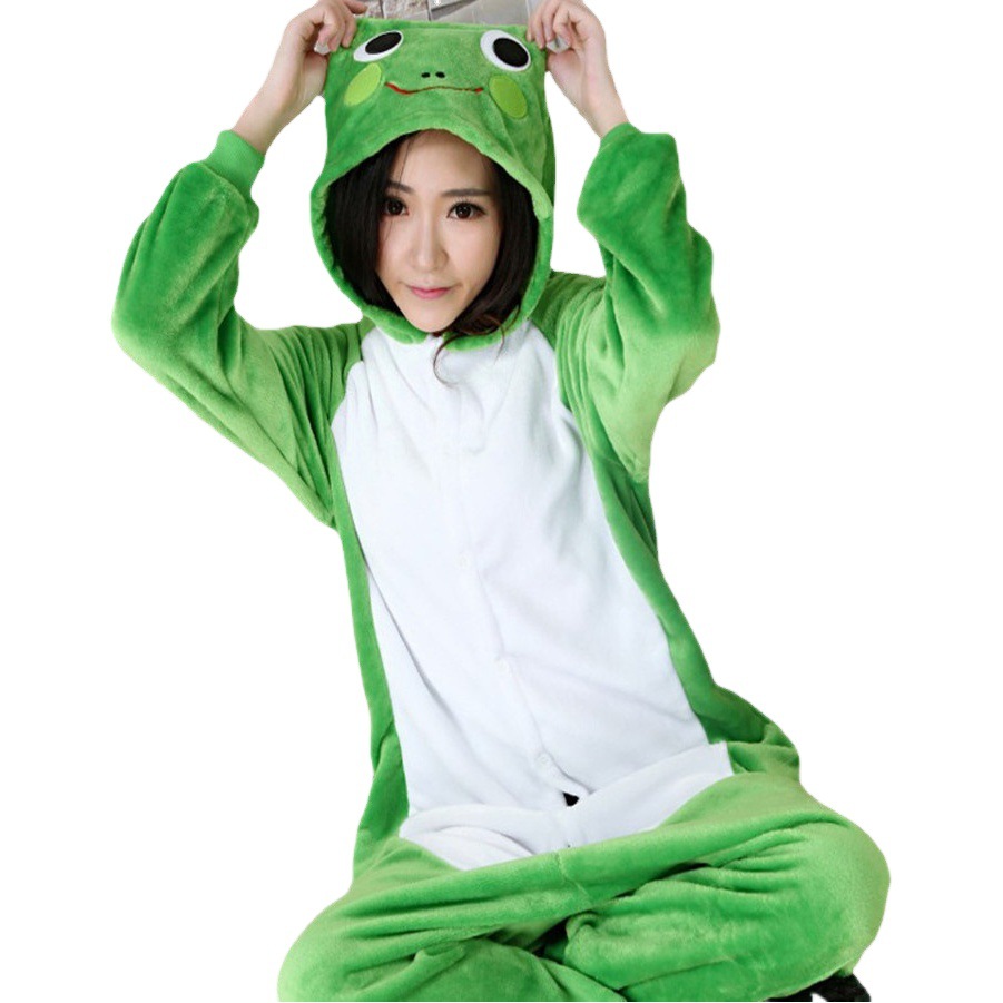 Autumn and Winter Thickened Flannel Long-Sleeved Animal Green Frog One-Piece Pajamas for Men and Women Couples, Home Wear, Leisure Wear