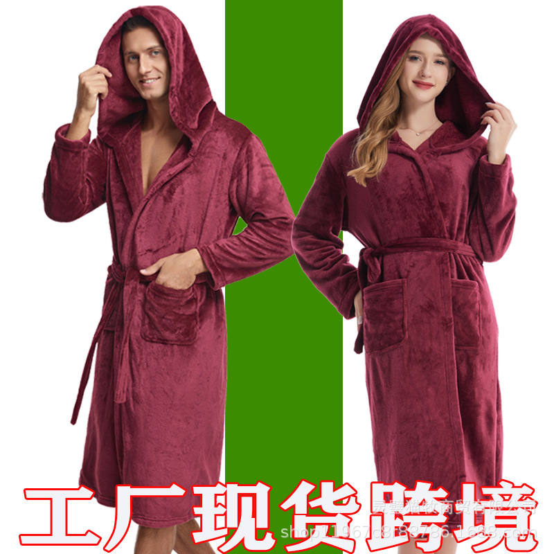 hooded coral fleece nightgown home clothes hooded pajamas bathrobe extended long flannel cross-border couple nightgown hat