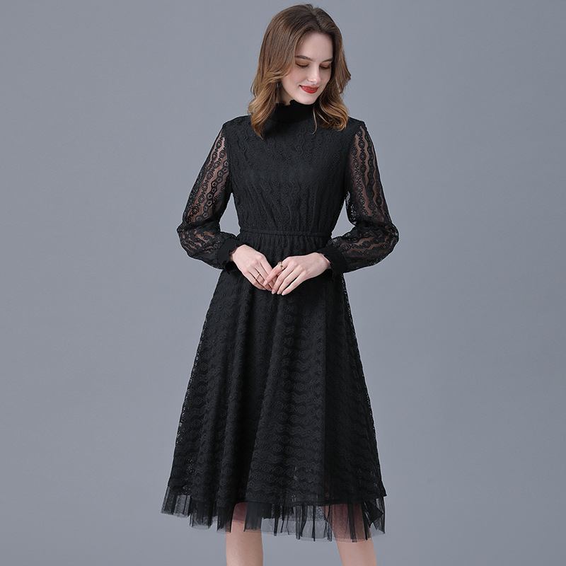 Picture of European and American plus size brand small black dress 2022spring and autumn new style fat sister long sleeve lace casual dress