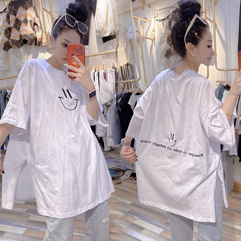 Extras Size 1.00 kg-150.00 kg chubby girl Spring Wear Age-reducing Heavy Industry Embroidered Smiley Short Sleeve Top Loose All-match T-shirt Women's Trendy