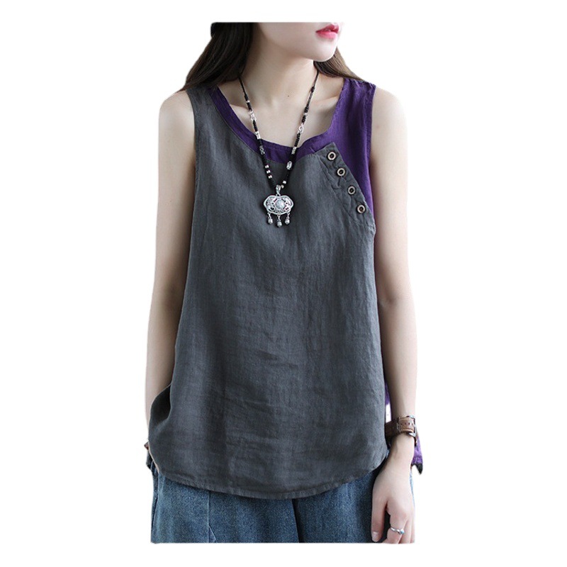 Summer new cotton and linen loose retro camisole women's thin asymmetric top button decorative stitching T-shirt