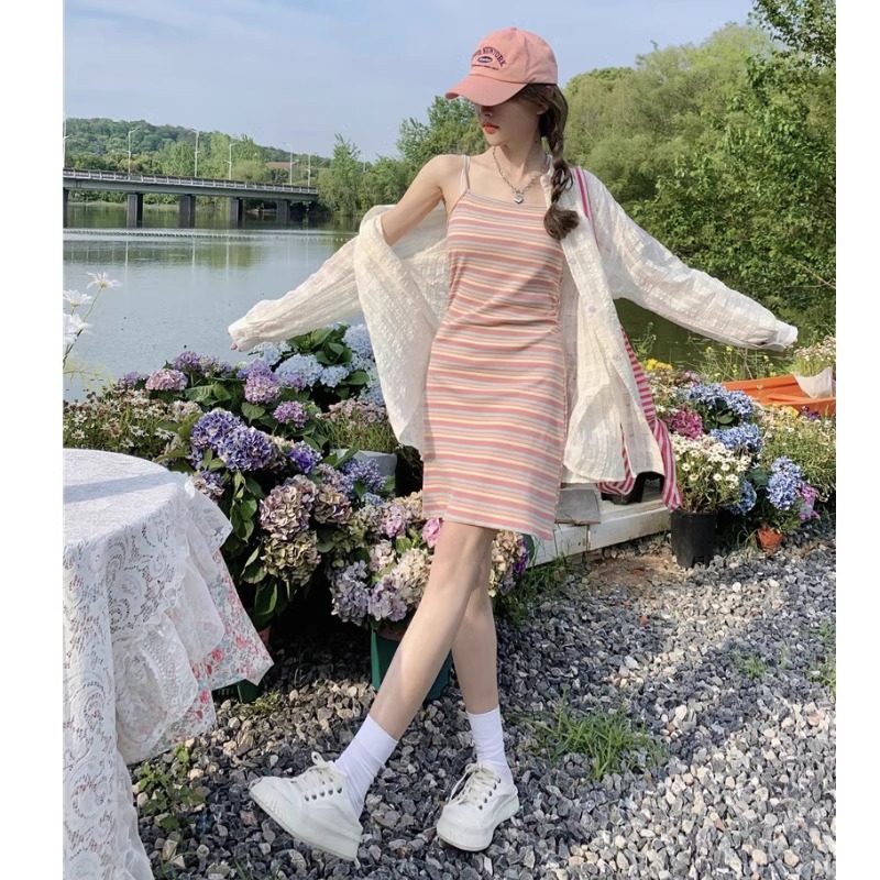 Rainbow sling dress women's summer new French niche design temperament slimming hot girl skirt