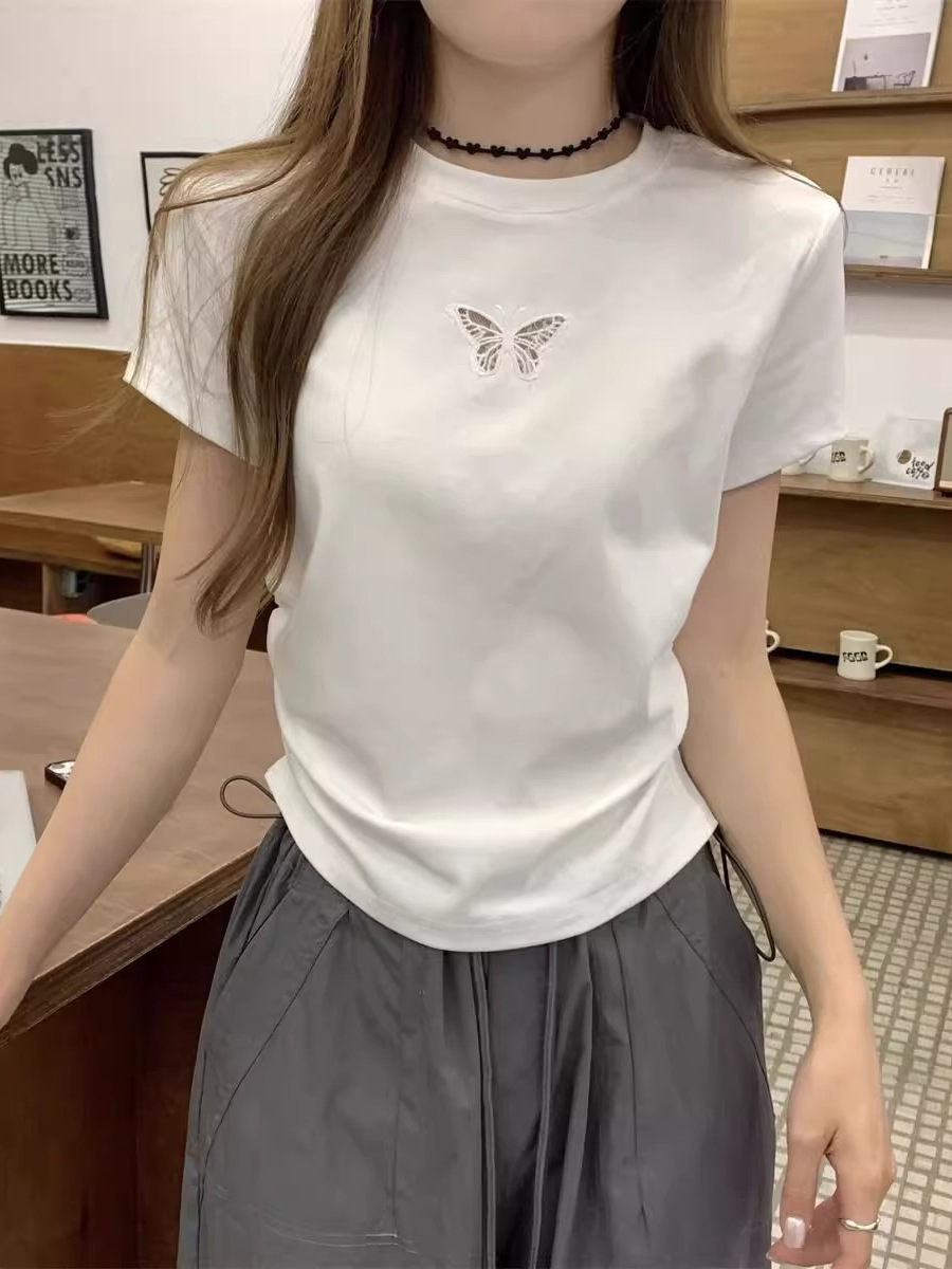 2025 Summer American Niche New Versatile Butterfly Embroidered Pleated Waist Right Shoulder Short-Sleeved Casual T-Shirt for Women Ins