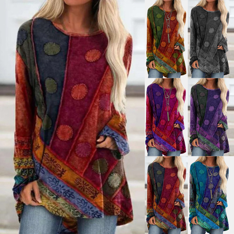 9704#2021 European and American women's clothing Amazon explosions national style printing loose long sleeve plus size fashion T-shirt vests