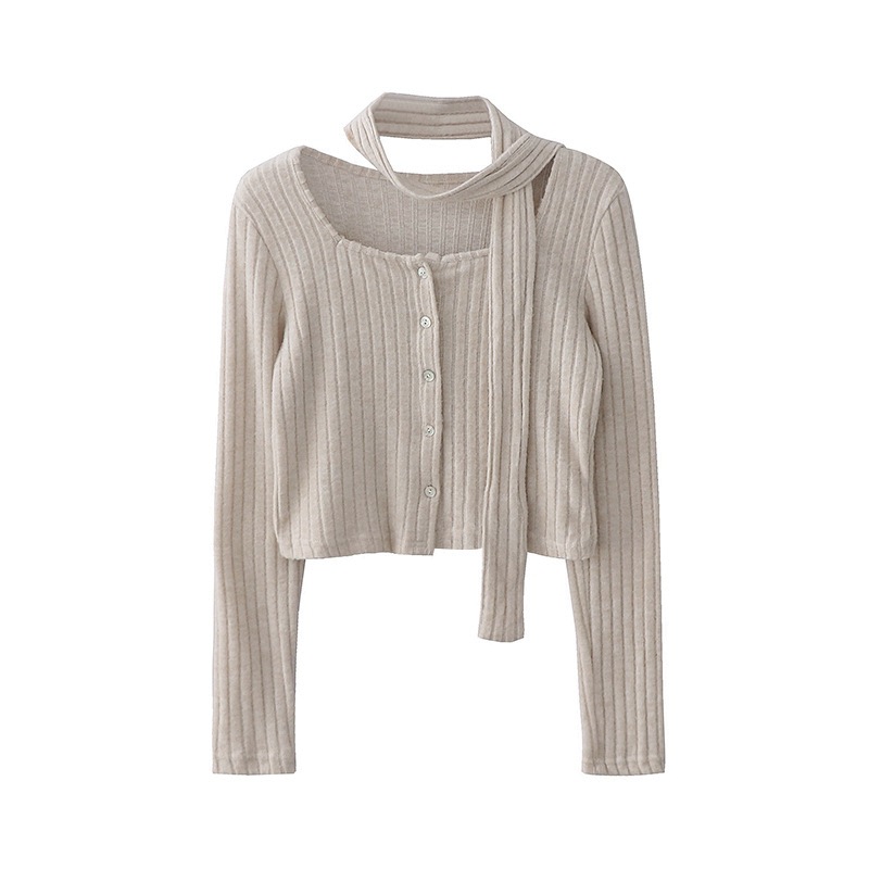 Autumn New Maillard Style brown Vertical Stripe Plush with Scarf Soft Waxy Slim-fit Long-sleeved T-shirt Top for Women