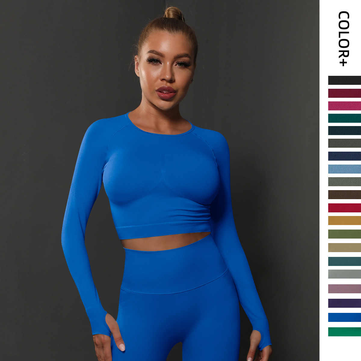 Cross-border European and American seamless tight solid color pleated sports long-sleeved top high elastic breathable running fitness yoga clothes for women