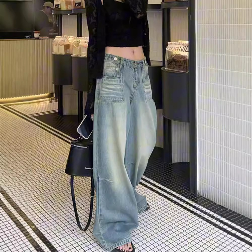 Women's Jeans American Retro Distressed Wide-Leg Pants 2025 New Loose Straight Pants High-Waisted Slimming Floor-Length Pants