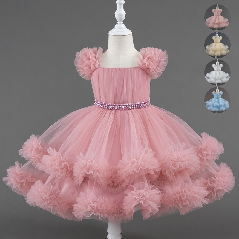 2025 foreign trade new children's dress baby girl puffy mesh princess dress flower girl birthday piano performance dress