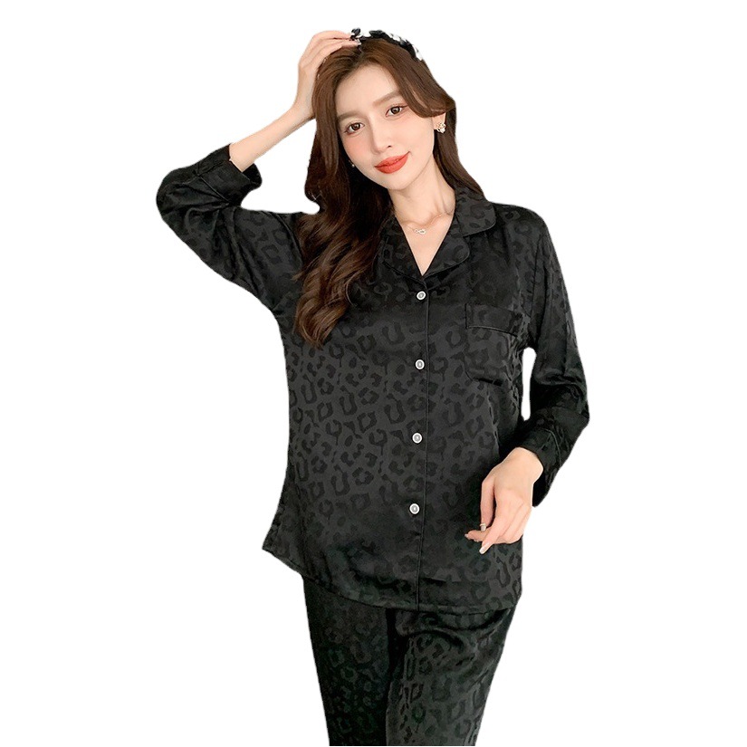High-End Pajamas for Women Spring & Fall New Thin Large Size Elegant Korean Style Black Leopard Print Long-Sleeved Pants Home Wear Set