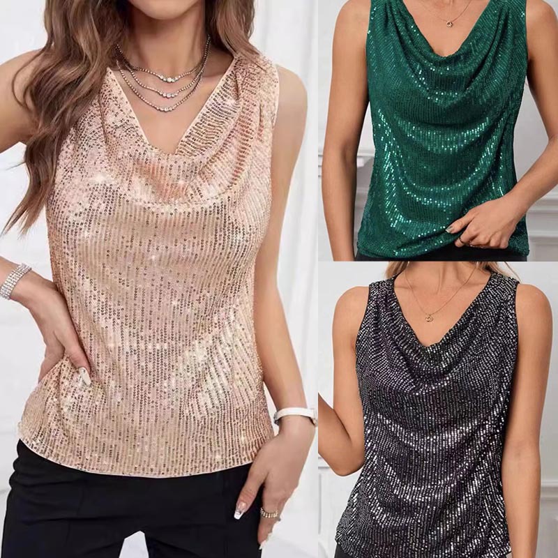 European and American Clothing Sexy V Neck Tube Top Fashion Sequined Loose Pullover Short Women's Top Popular 2025 Summer Hot Sale