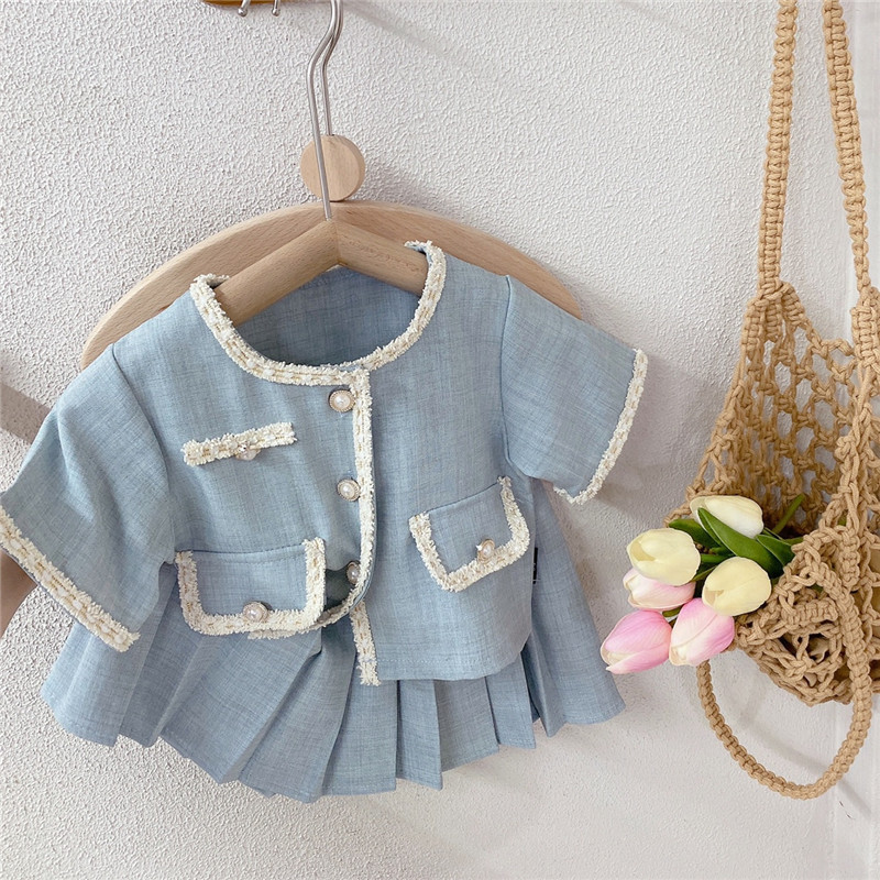 Ancorelala2025 Spring and Summer New Girls Suit Small Fragrant Short-Sleeved Top and Pleated Skirt Two-Piece Set